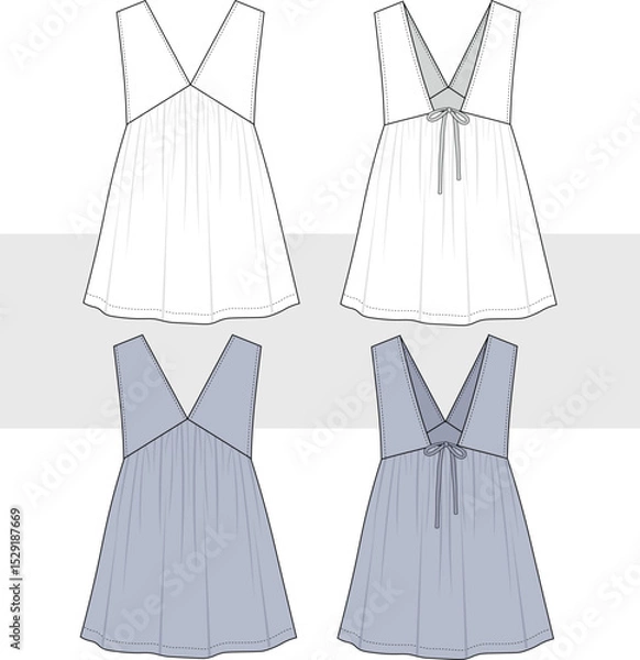 Obraz Women V-neck mini summer dress with bow detail. Technical flat sketch fashion drawing, illustration, vector. Front and back view, Cad, Mockup set.