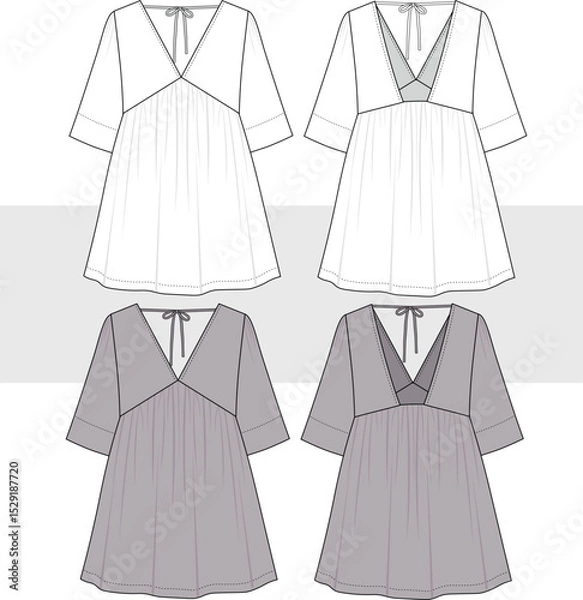 Obraz Women V-neck long bell sleeve mini dress with bow detail. Technical flat sketch fashion drawing, illustration, vector. Front and back view, Cad, Mockup set.