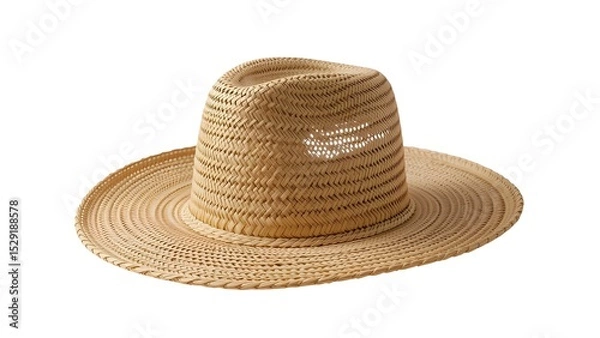 Fototapeta A woven straw hat with a wide brim sitting on a white background in a studio setting view