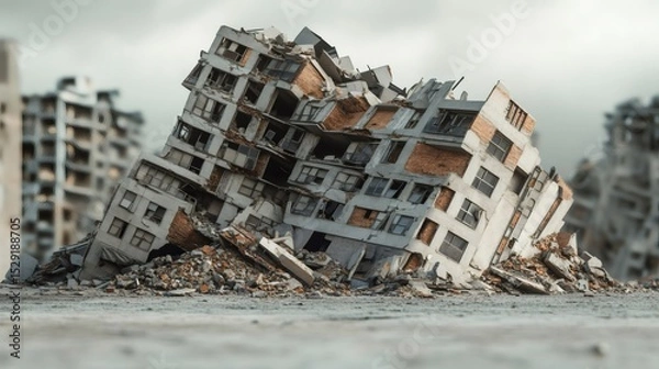 Fototapeta Powerful earthquake causing destruction, collapsing residential buildings and creating rubble in a city center, highlighting nature's devastating impact