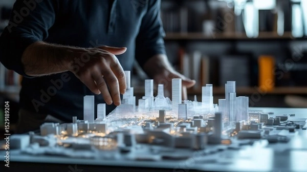 Fototapeta Architect is working on a futuristic and sustainable city project, using projection mapping technology to visualize the intricate details of urban planning and infrastructure