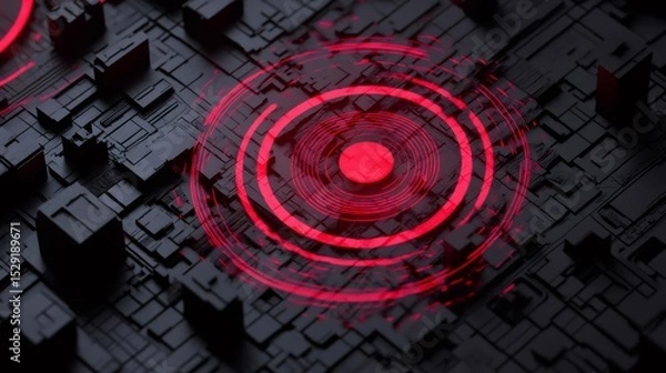 Fototapeta Red seismic waves are spreading on a black microchip surface, creating a captivating visualization of earthquake like activity in a technological context