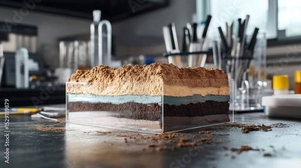 Obraz Geological soil sample displaying various earth layers in a transparent container on a laboratory table, illustrating geological strata for earth science and seismic analysis