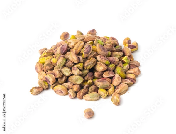 Obraz Fried salt pistachio nuts isolated. Baked pistachios pile, roasted green pistache fruits on white