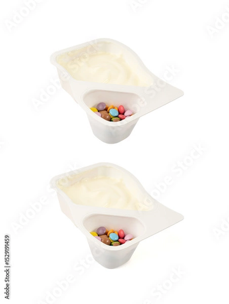 Obraz Yogurt cup isolated, yoghurt in plastic pot, milk pudding container, dairy food small package