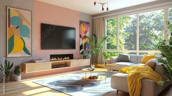 Fototapeta Cozy mid century modern living room with large windows, soft grey walls, pale pink accent wall, colorful art, fireplace with large TV, coffee table with yellow throw, vintage glass side tables, and go