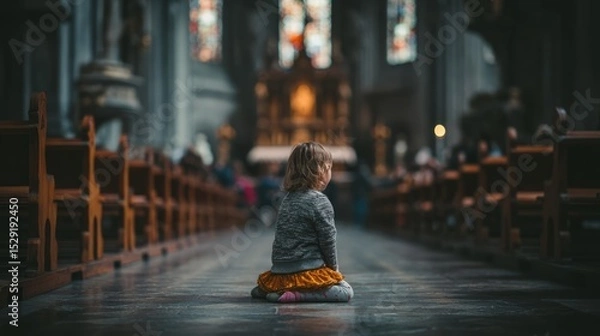 Fototapeta Young Child Sitting in Quiet Reflection Inside an Elegant Cathedral Surrounded by Beautiful Stained Glass Windows and Warm Atmosphere