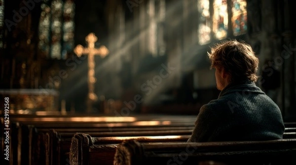 Fototapeta Reflective Moment in a Serene Church Interior with Stained Glass and Soft Light Illuminating a Pensive Person Sitting on a Wooden Bench