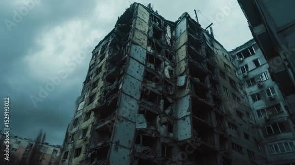 Fototapeta Displaying the devastating aftermath of a powerful earthquake, a heavily damaged residential building precariously stands under a dark, cloudy sky, emphasizing urban vulnerability