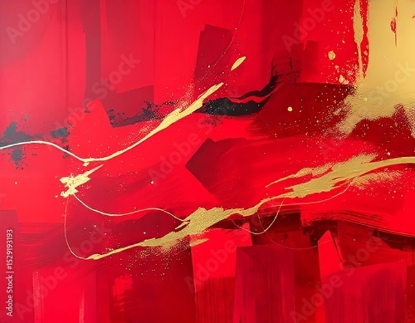 Fototapeta Dynamic abstract painting featuring bold red tones accented with gold brushstrokes and splashes. A modern composition conveying energy, passion, and artistic expression