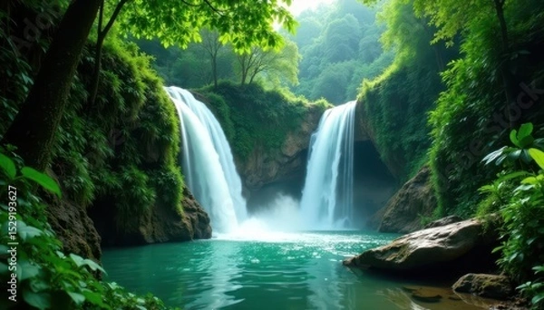 Fototapeta Emerald cascade tumbles down lush Thai jungle, panoramic view , serene, secret, forest