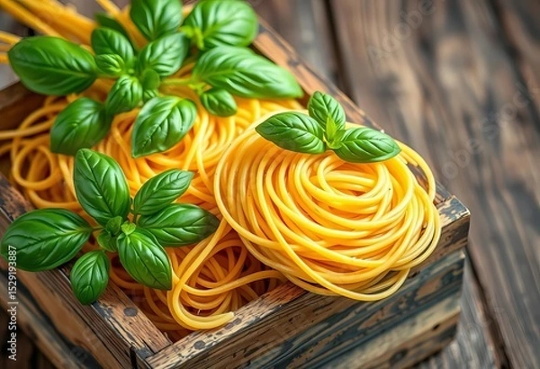 Fototapeta Delicate tagliolini nests, fresh basil, rustic wooden box,  summer,  basil