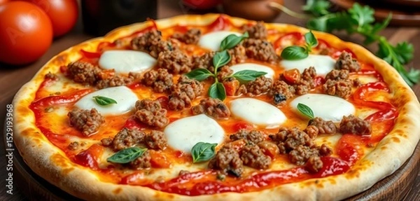 Fototapeta Delicious Italian pizza topped with minced meat & mozzarella cheese,  italian food,   minced beef