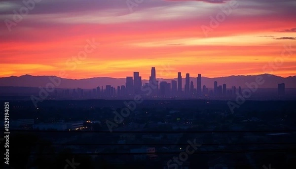 Fototapeta Distant LA skyline, sunset hues, power lines crisscrossing foreground, power lines, USA