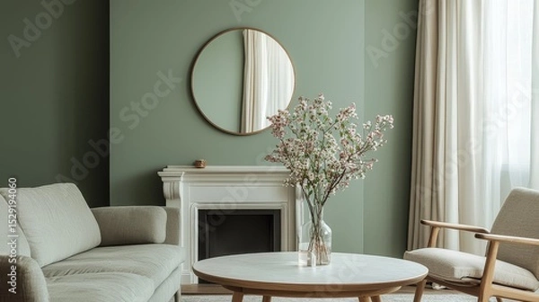 Fototapeta Head-on view of living room with sage green wall, white fireplace, vintage mirror, grey sofa and armchair, round coffee table, white curtains, natural light, and spring flowers