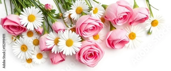 Fototapeta Delicate white daisies and pink roses artfully arranged on a pristine white background, image, botanical