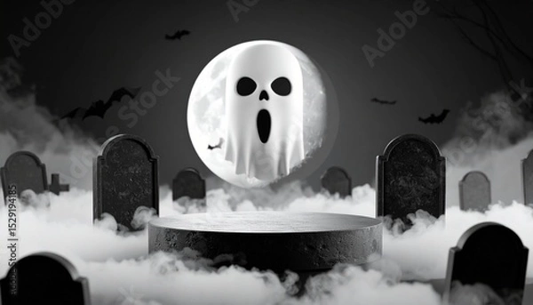 Fototapeta Spooky ghost ascends graveyard podium
