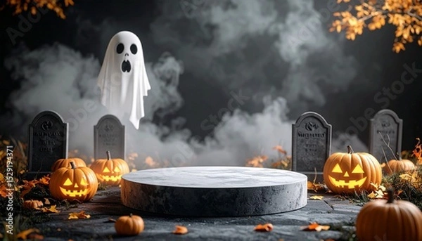 Fototapeta Spooky autumn display with grinning pumpkins and ghost