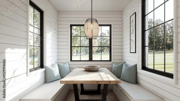 Fototapeta Modern farmhouse dining nook with white oak flooring, black windows, light blue-green pillows, square wood table, white shiplap walls, and willow pendant chandelier