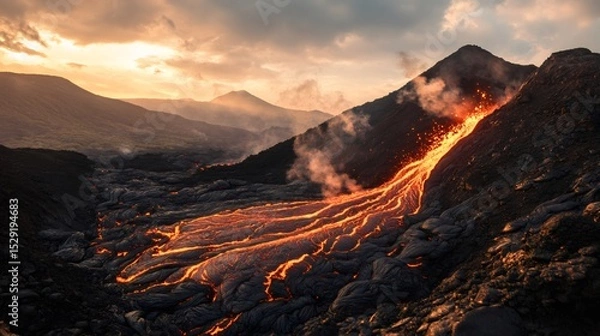 Fototapeta Glowing orange lava cascading down the dark slopes of a volcanic mountain at sunset creates a breathtaking scene, showcasing the raw power and beauty of nature's forces
