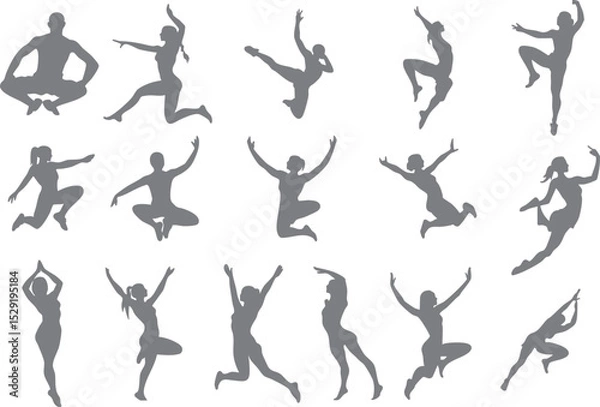 Obraz A collection of vector silhouettes featuring women in various elegant ballet, yoga, and fitness poses. Perfect for wellness branding, dance studios, workout infographics, and minimalist design project