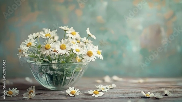 Fototapeta Still life with daisies in vintage glass bowl on old wooden table, soft dreamy atmosphere with natural light and scattered flowers