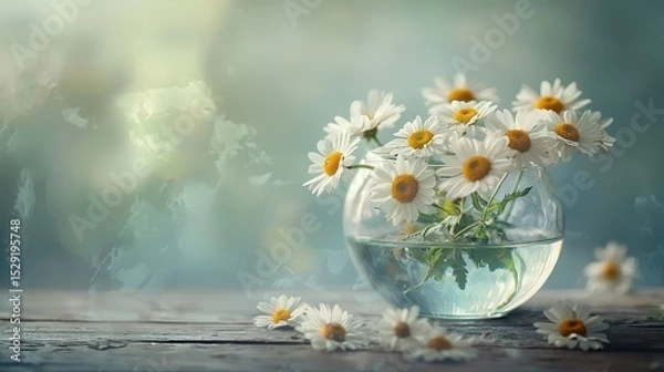 Fototapeta Still life with daisies in vintage glass bowl on old wooden table, soft dreamy atmosphere with natural light and scattered flowers