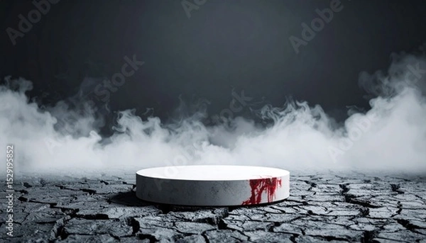 Fototapeta Bleeding platform on parched earth amidst eerie mist