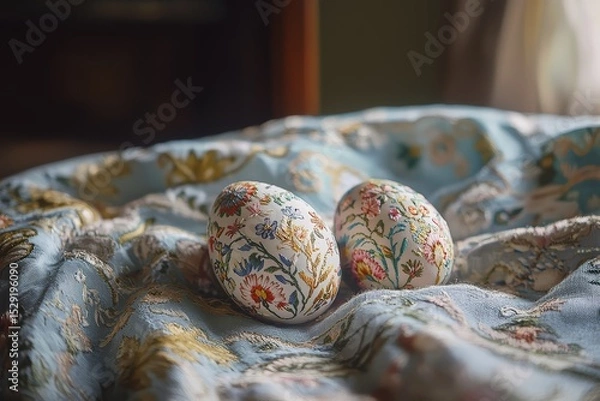 Fototapeta Three decorated Easter eggs with delicate floral motifs on embroidered cloth in cozy room, festive pastel colors and intricate embroidery details