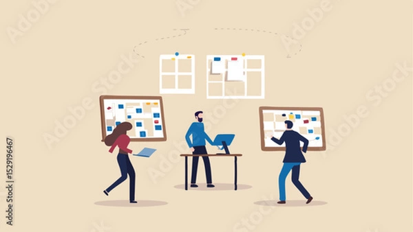 Fototapeta Team collaboration with agile boards and sticky notes in a modern office environment illustration