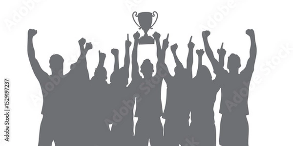 Obraz Vector design of champion team lifting trophy with enthusiasm. Joyful and energetic atmosphere, depicting the peak moment of victory. Suitable for presentation, infographic, or motivational content.