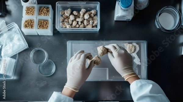 Fototapeta Geologist wearing protective gloves, analyzing soil samples in laboratory setting, surrounded by scientific equipment for seismic research and geological investigation