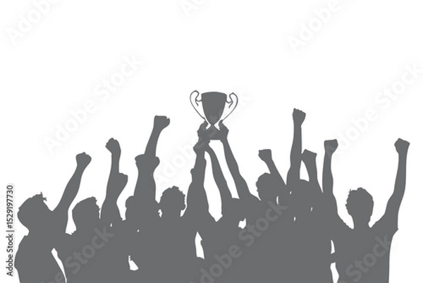 Obraz Team vector celebrating victory with passion, lifting the trophy together. Happy, energetic expression, suitable for sports poster design, tournament banner, or team victory motivation illustration.