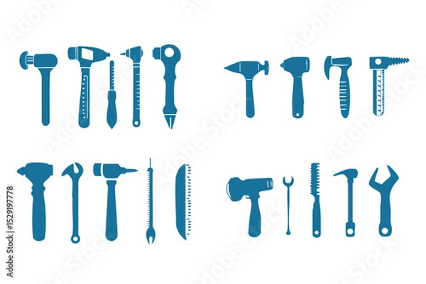 Obraz Set off tools hammer, drill, pliers and saw in black and white art silhouette form