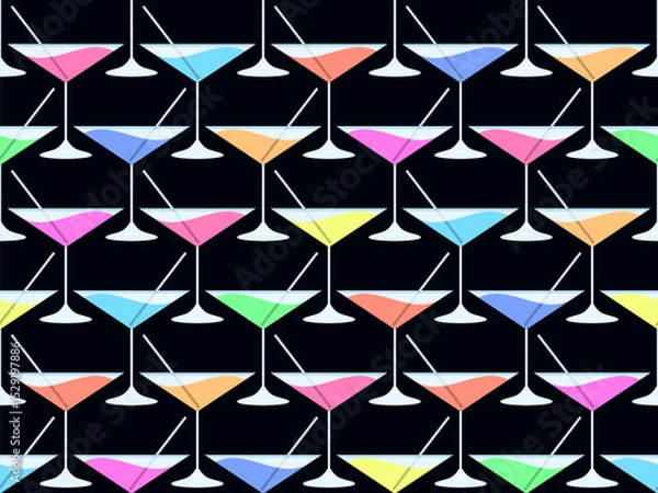 Fototapeta Cocktail with straw in 80s style seamless pattern. Alcoholic cocktails with straw in vermouth glass. Design for bar menus, advertising materials and banners. Vector illustration