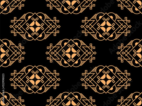 Fototapeta Geometric seamless pattern in line art style. Art deco geometric pattern of golden lines on a black background. Vintage linear style. Design for wallpapers, wrappers and banners. Vector illustration