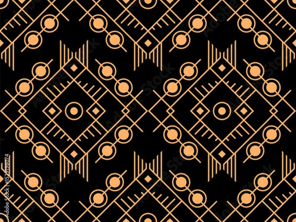 Fototapeta Geometric seamless pattern in line art style. Art deco geometric pattern of golden lines on a black background. Vintage linear style. Design for wallpapers, wrappers and banners. Vector illustration