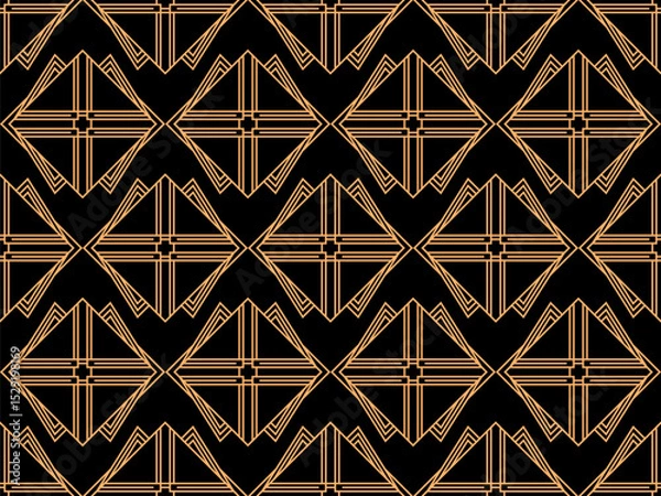 Fototapeta Geometric seamless pattern in line art style. Art deco geometric pattern of golden lines on a black background. Vintage linear style. Design for wallpapers, wrappers and banners. Vector illustration