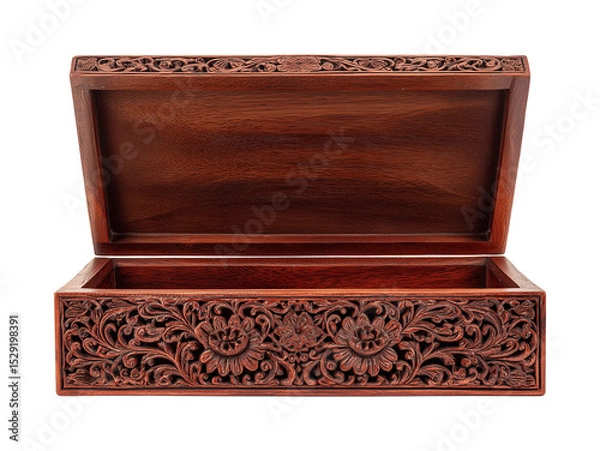 Fototapeta Hand-carved oriental wooden box open empty top view isolated white