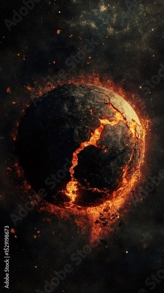 Fototapeta Molten lava erupting from an exploding planet illustrates seismic waves radiating from the epicenter during an earthquake, set against a backdrop of space and twinkling stars