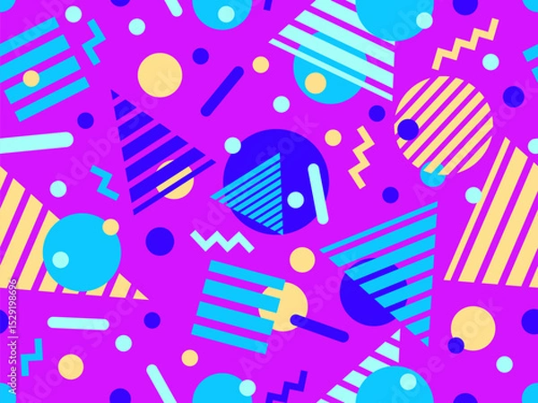 Fototapeta Geometric seamless pattern with memphis elements in 80s style. Colorful pattern with different geometric shapes. Design for packaging, covers, wrapping and promotional products. Vector illustration
