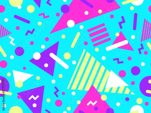 Fototapeta Geometric seamless pattern with memphis elements in 80s style. Colorful pattern with different geometric shapes. Design for packaging, covers, wrapping and promotional products. Vector illustration