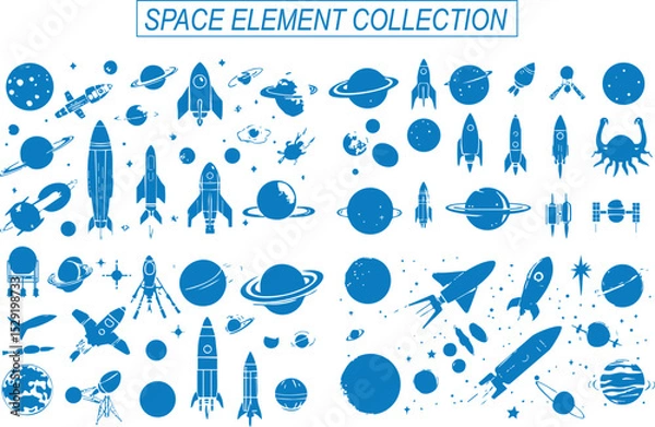 Obraz Set of hand drawn meteorites, planets and space rockets on white background.