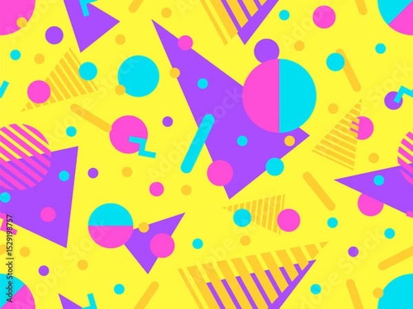 Fototapeta Geometric seamless pattern with memphis elements in 80s style. Colorful pattern with different geometric shapes. Design for packaging, covers, wrapping and promotional products. Vector illustration