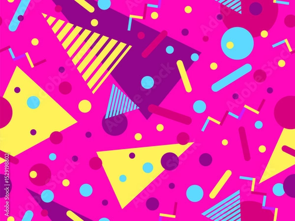 Fototapeta Geometric seamless pattern with memphis elements in 80s style. Colorful pattern with different geometric shapes. Design for packaging, covers, wrapping and promotional products. Vector illustration