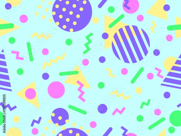 Fototapeta Geometric seamless pattern with memphis elements in 80s style. Colorful pattern with different geometric shapes. Design for packaging, covers, wrapping and promotional products. Vector illustration