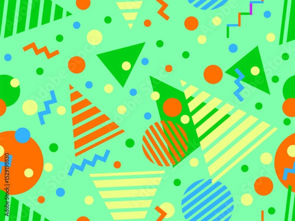 Fototapeta Geometric seamless pattern with memphis elements in 80s style. Colorful pattern with different geometric shapes. Design for packaging, covers, wrapping and promotional products. Vector illustration