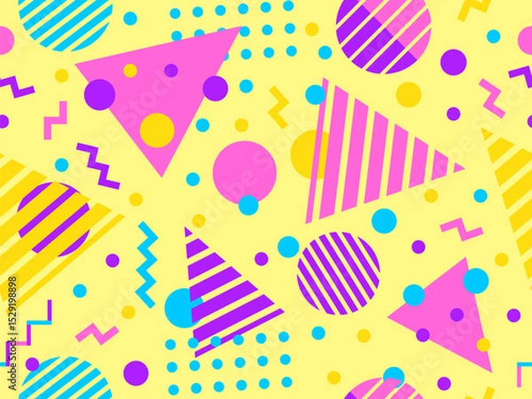 Fototapeta Geometric seamless pattern with memphis elements in 80s style. Colorful pattern with different geometric shapes. Design for packaging, covers, wrapping and promotional products. Vector illustration