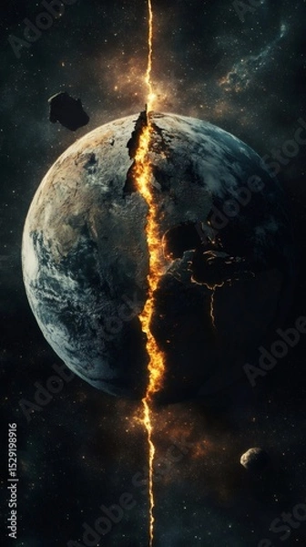 Fototapeta Powerful seismic waves are cracking planet earth, causing a deep fiery chasm, revealing the planet's mantle and magma in a catastrophic geological event