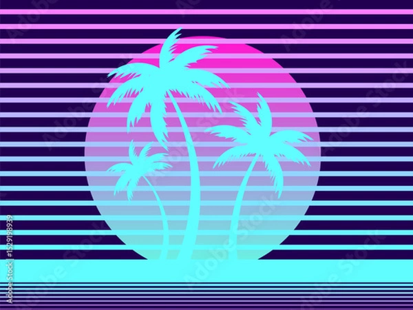 Fototapeta Futuristic background with palm trees and retro sun in 80s style. Palm trees on retro sunset in synthwave and retrowave style. Design for advertising brochures and banners. Vector illustration